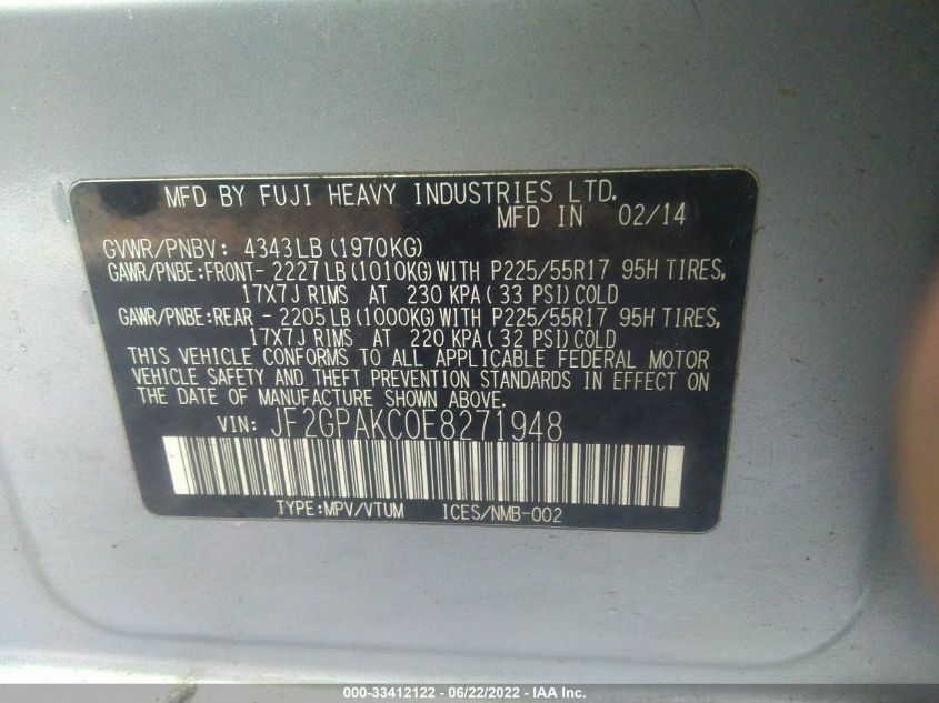 2014 SUBARU XV CROSSTREK LIMITED JF2GPAKC0E8271948