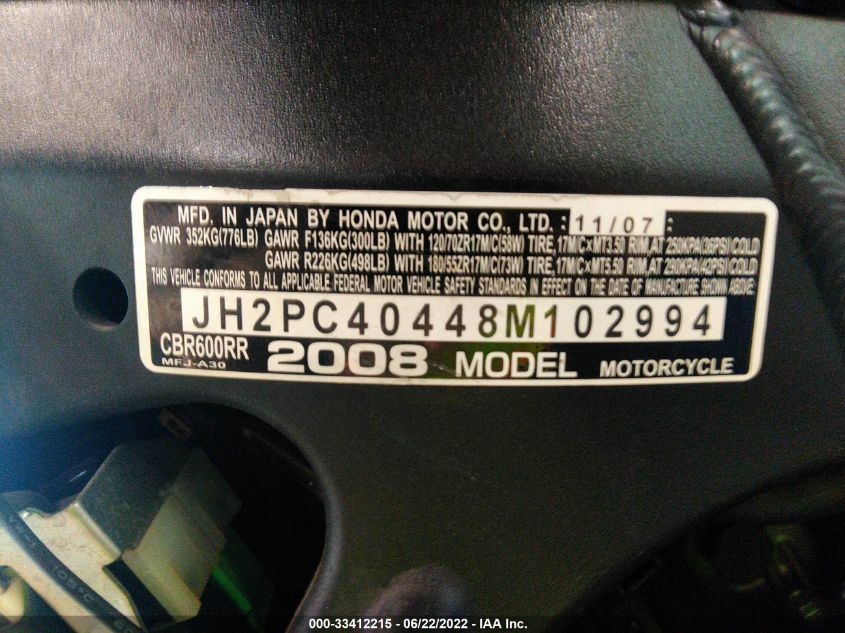2008 HONDA CBR600 RR JH2PC40448M102994