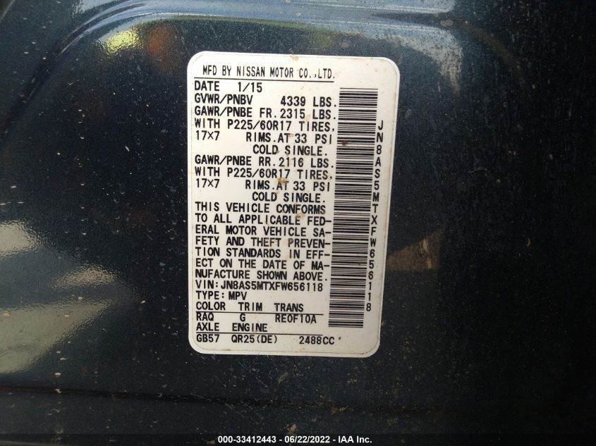 2015 NISSAN ROGUE SELECT S JN8AS5MTXFW656118