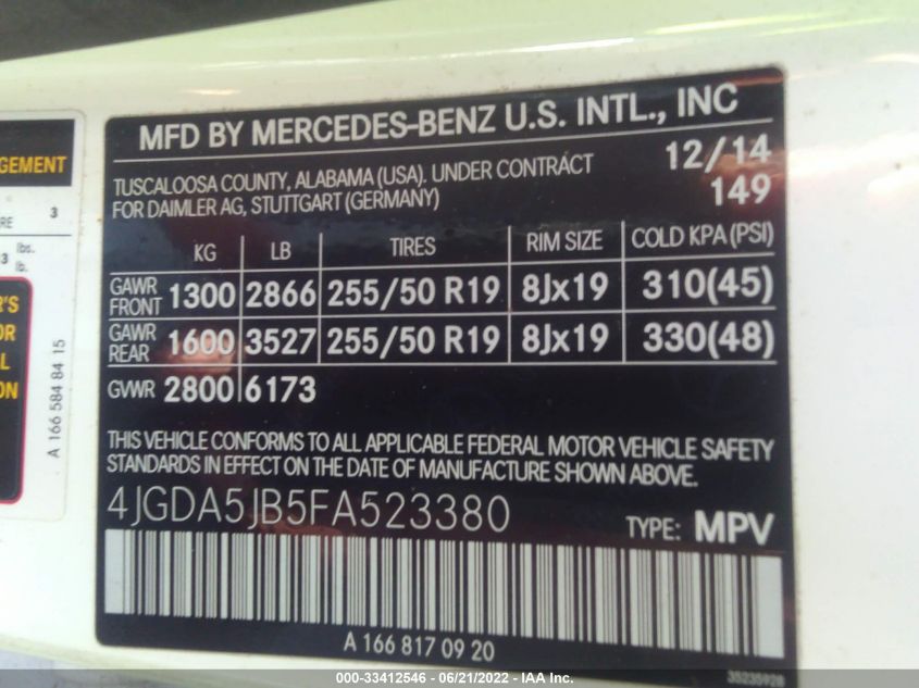 2015 MERCEDES-BENZ M-CLASS ML 350 4JGDA5JB5FA523380