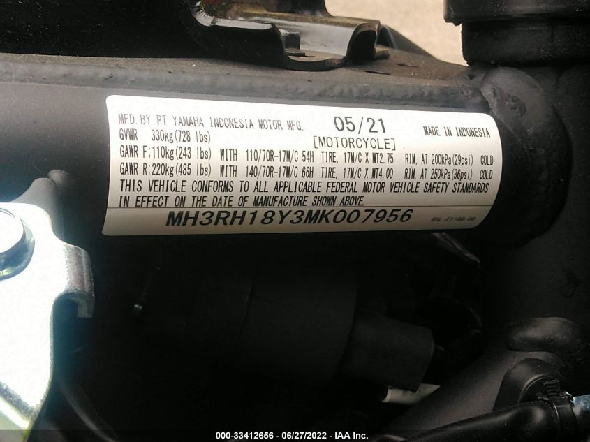 2021 YAMAHA YZFR3 A MH3RH18Y3MK007956