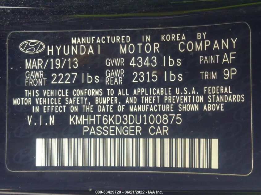 2013 HYUNDAI GENESIS COUPE 2.0T KMHHT6KD3DU100875