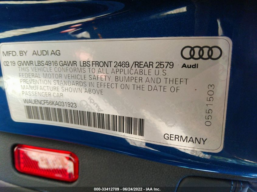 2019 AUDI A5 SPORTBACK PREMIUM PLUS WAUENCF56KA031923
