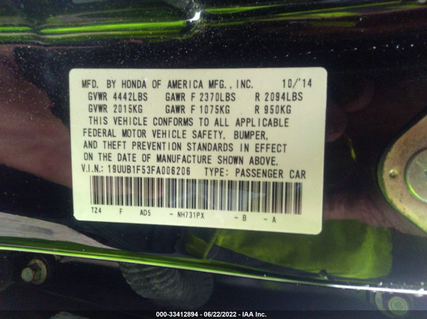 2015 ACURA TLX TECH 19UUB1F53FA006206