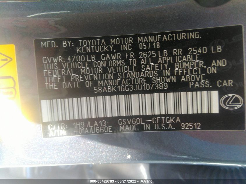 2018 LEXUS ES ES 350 58ABK1GG3JU107389