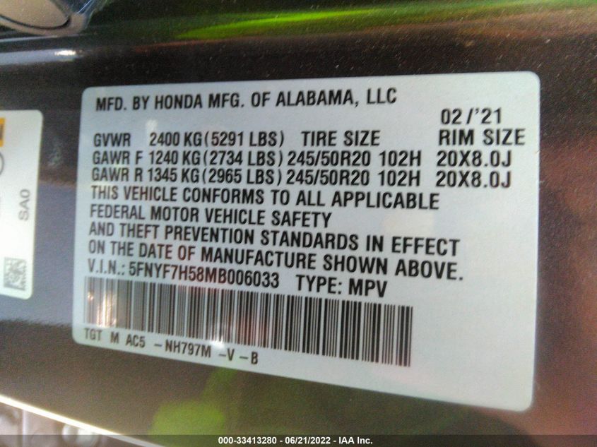 2021 HONDA PASSPORT EX-L 5FNYF7H58MB006033