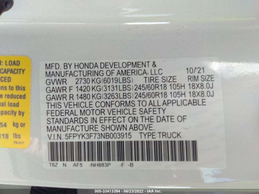 2022 HONDA RIDGELINE RTL-E 5FPYK3F73NB003915