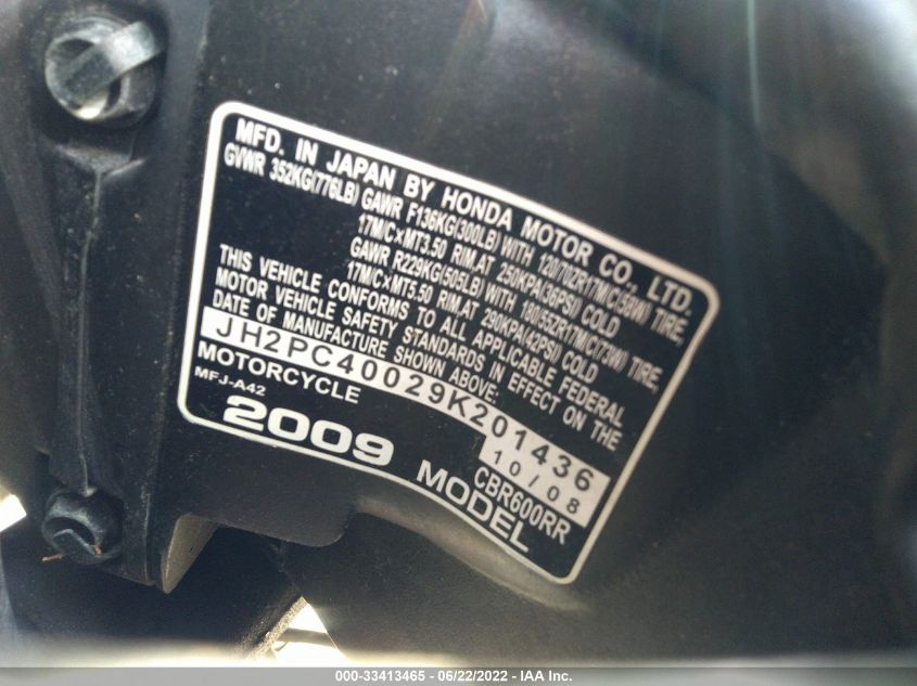 2009 HONDA CBR600 RR JH2PC40029K201436