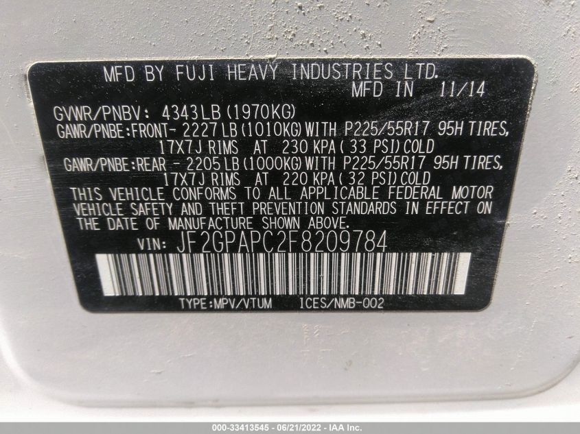 2015 SUBARU XV CROSSTREK LIMITED JF2GPAPC2F8209784