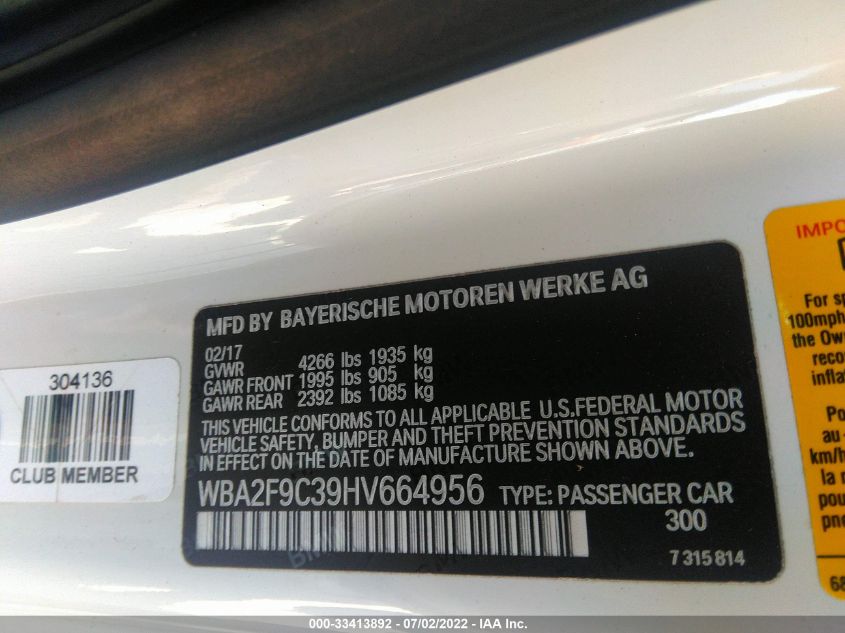 2017 BMW 2 SERIES 230I WBA2F9C39HV664956
