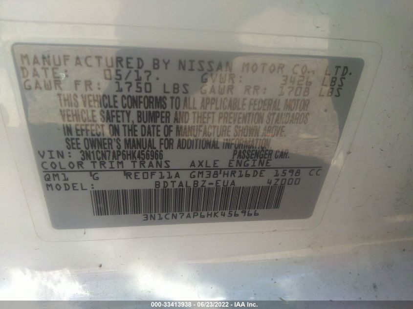 2017 NISSAN VERSA SEDAN S/S PLUS/SV/SL 3N1CN7AP6HK456966