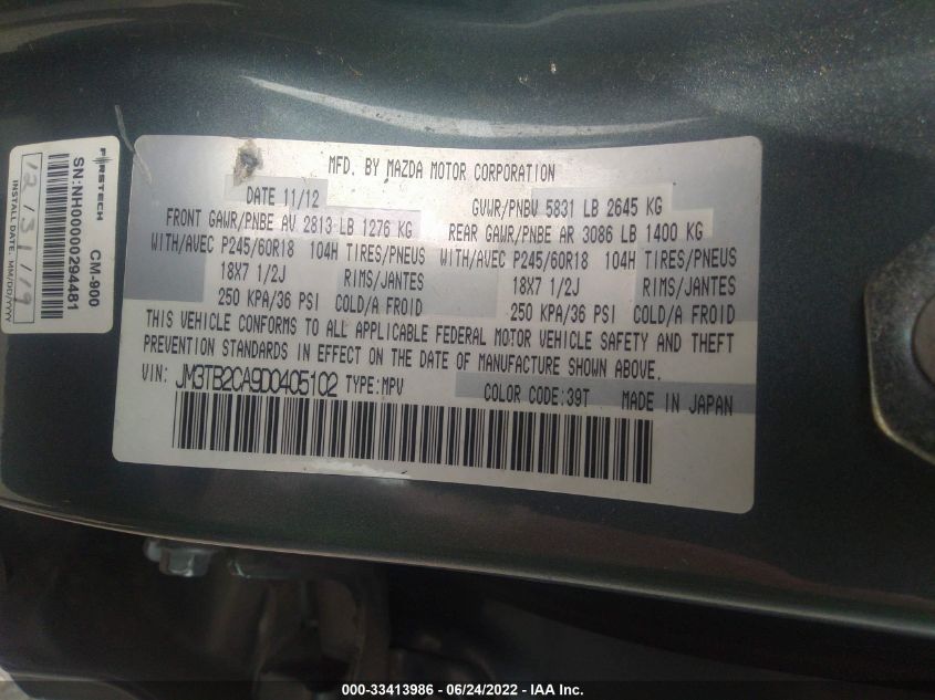 2013 MAZDA CX-9 TOURING JM3TB2CA9D0405102