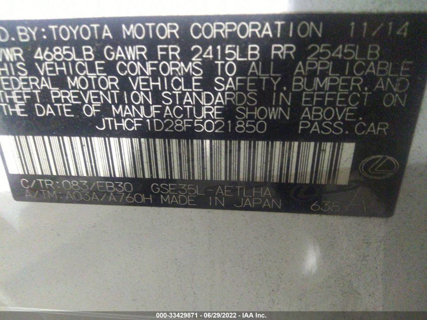 2015 LEXUS IS 250 JTHCF1D28F5021850