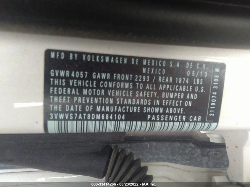 2013 VOLKSWAGEN BEETLE COUPE TURBO 3VWVS7AT8DM684104
