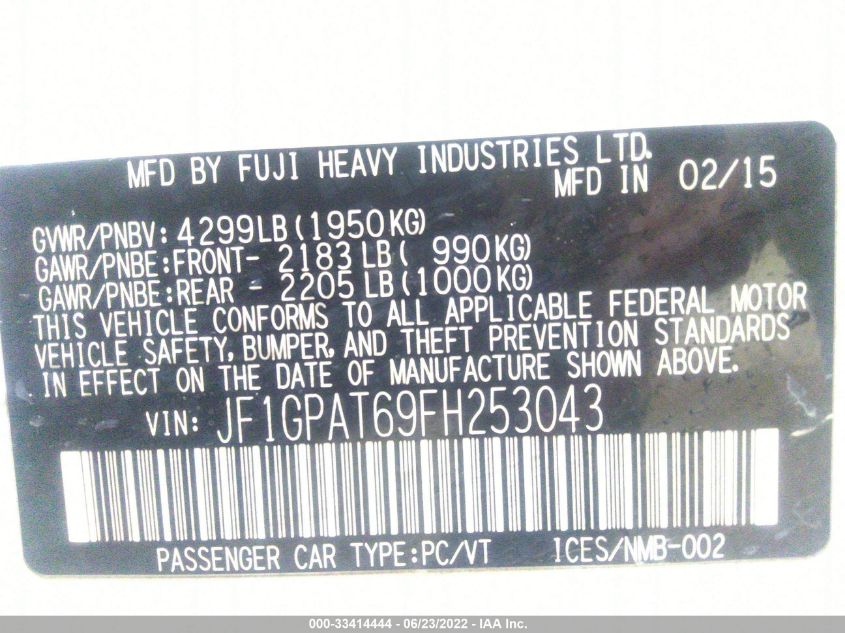 2015 SUBARU IMPREZA WAGON 2.0I SPORT PREMIUM JF1GPAT69FH253043