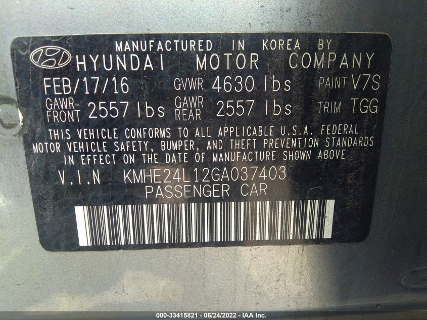 2016 HYUNDAI SONATA HYBRID SE KMHE24L12GA037403