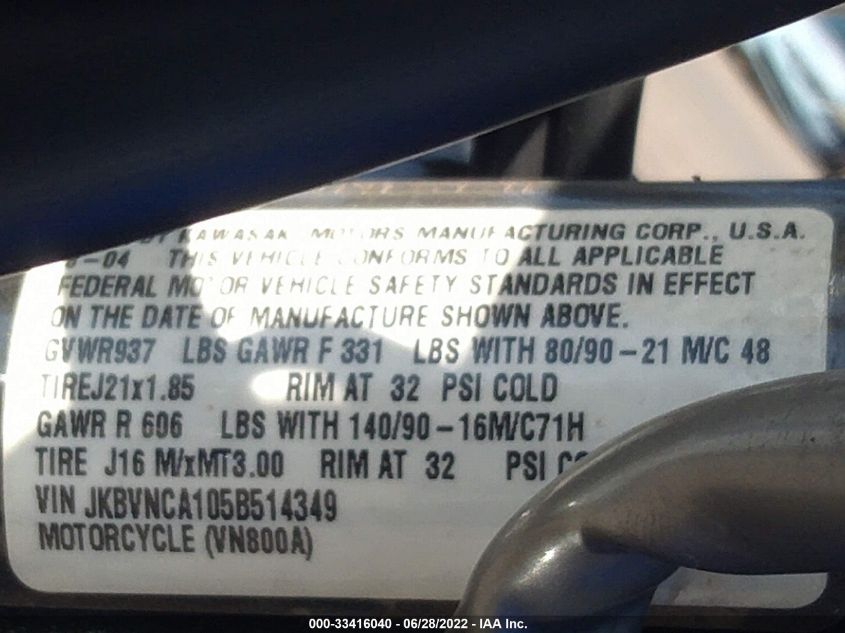 2005 KAWASAKI VN800 JKBVNCA105B514349