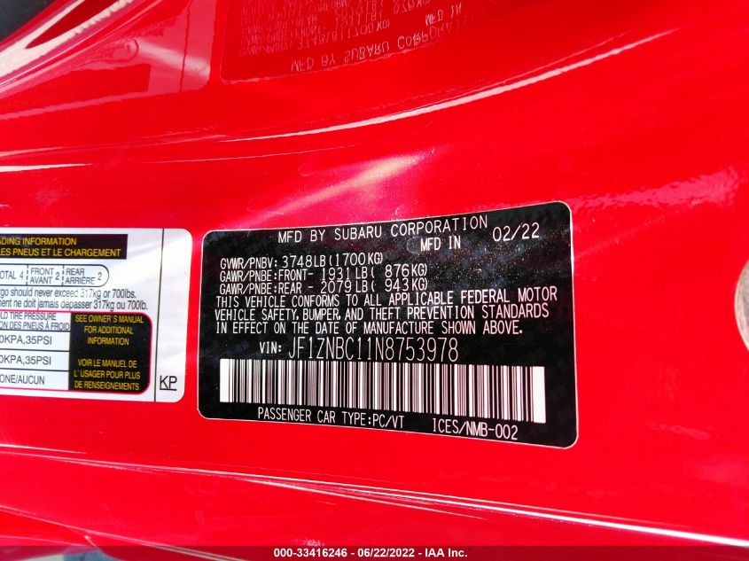 2022 TOYOTA GR86 JF1ZNBC11N8753978