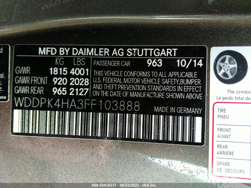 2015 MERCEDES-BENZ SLK-CLASS SLK 250 WDDPK4HA3FF103888