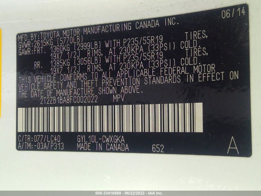 2015 LEXUS RX 450H 2T2ZB1BA8FC002022