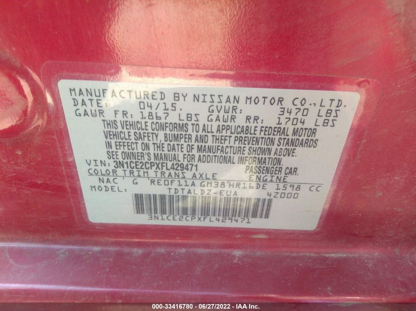 2015 NISSAN VERSA NOTE SV 3N1CE2CPXFL429471