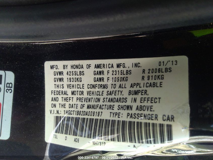 2013 HONDA ACCORD CPE EX-L 1HGCT1B82DA009197