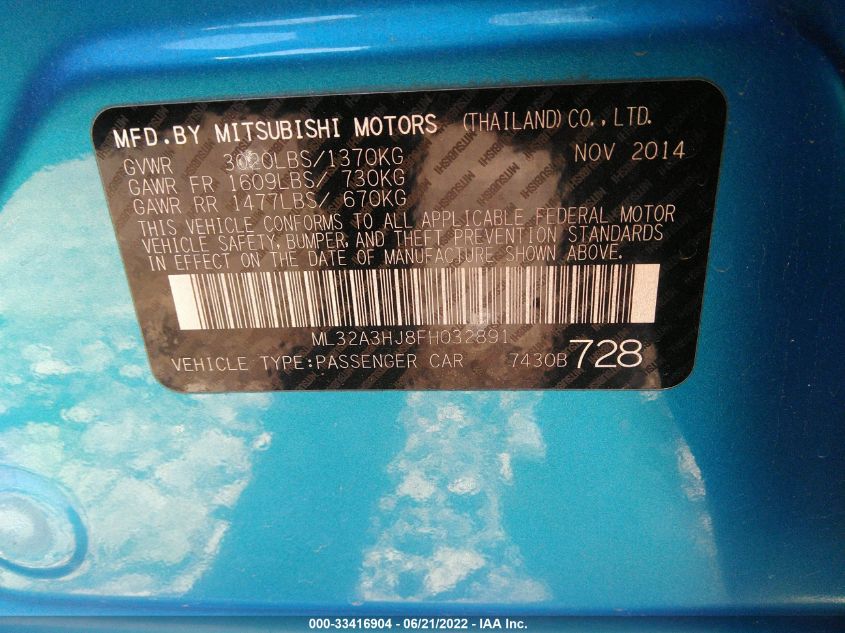 2015 MITSUBISHI MIRAGE DE/RF ML32A3HJ8FH032891