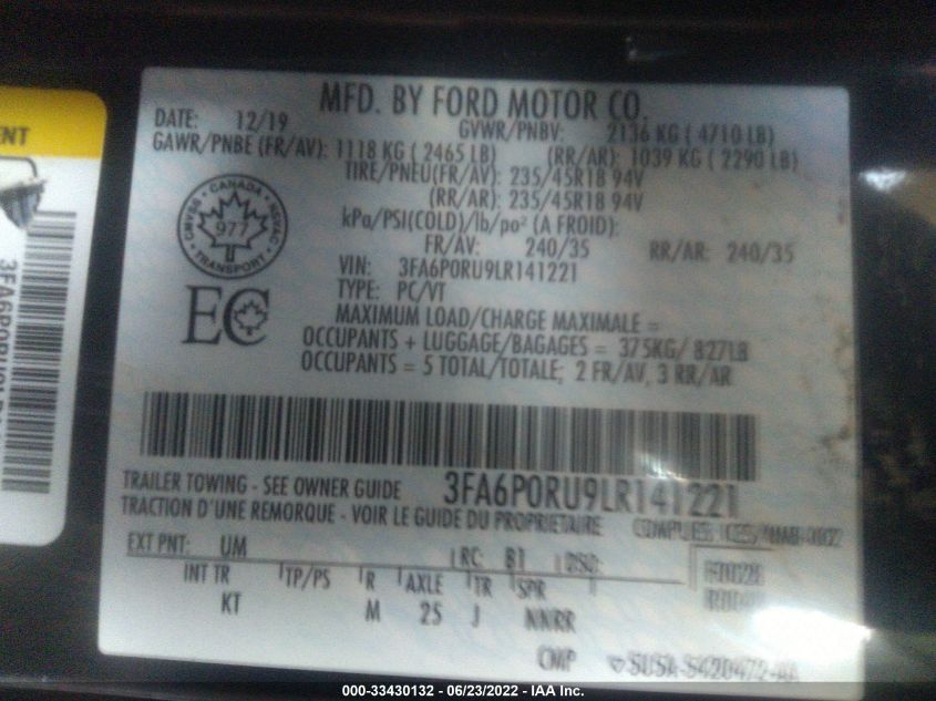 2020 FORD FUSION HYBRID TITANIUM 3FA6P0RU9LR141221