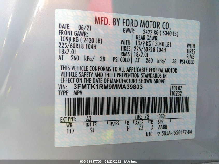 2021 FORD MUSTANG MACH-E SELECT - 3FMTK1RM9MMA39803