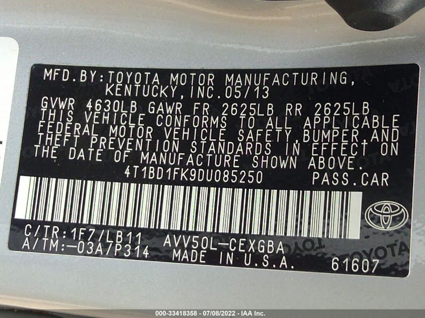 2013 TOYOTA CAMRY HYBRID LE/XLE 4T1BD1FK9DU085250