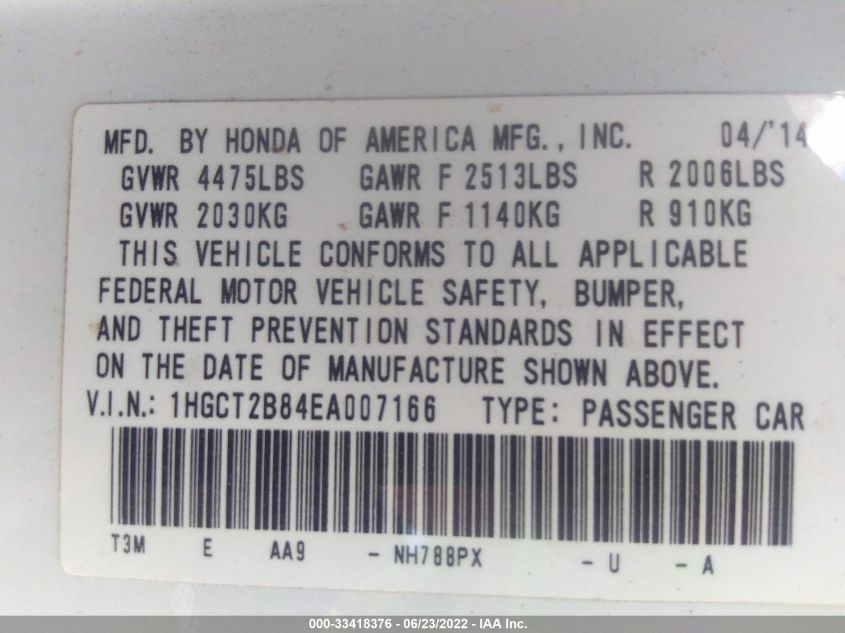 2014 HONDA ACCORD COUPE EX-L 1HGCT2B84EA007166