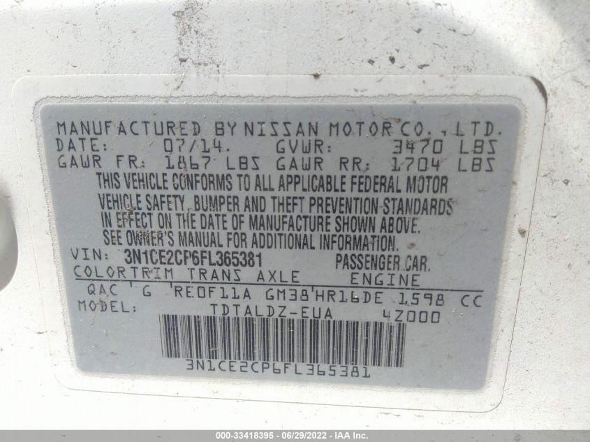 2015 NISSAN VERSA NOTE SV 3N1CE2CP6FL365381