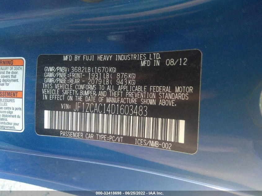 2013 SUBARU BRZ LIMITED JF1ZCAC14D1603483