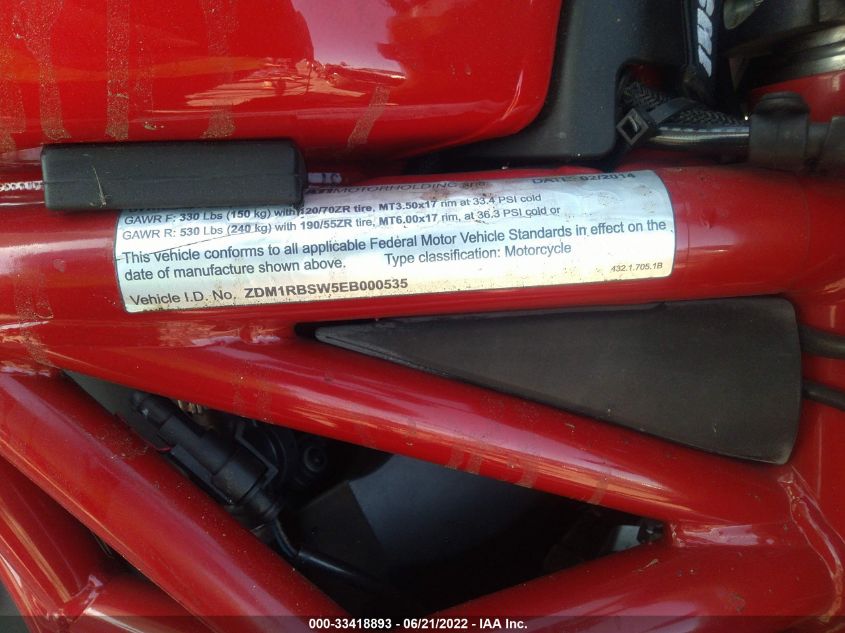 2014 DUCATI MONSTER 1200/S ZDM1RBSW5EB000535