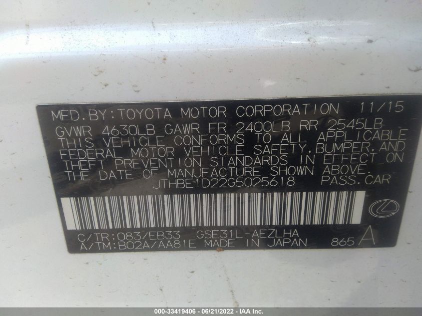 2016 LEXUS IS 350 JTHBE1D22G5025618