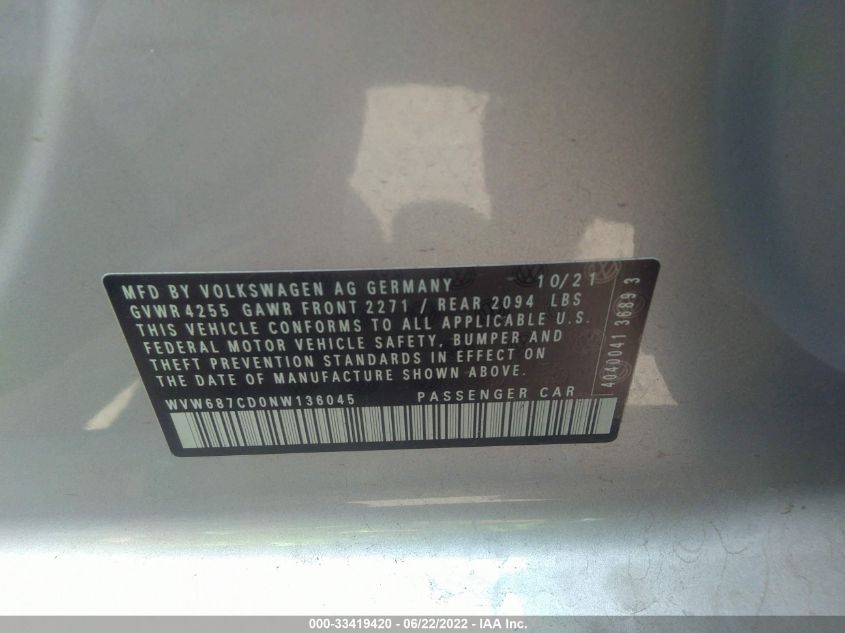 2022 VOLKSWAGEN GOLF GTI AUTOBAHN WVW687CD0NW136045