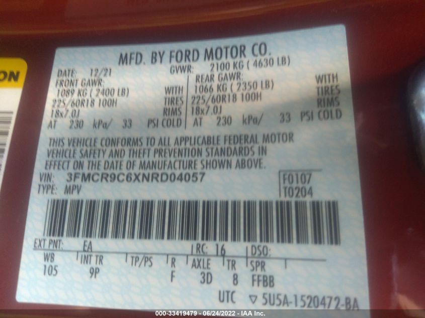 2022 FORD BRONCO SPORT OUTER BANKS 3FMCR9C6XNRD04057