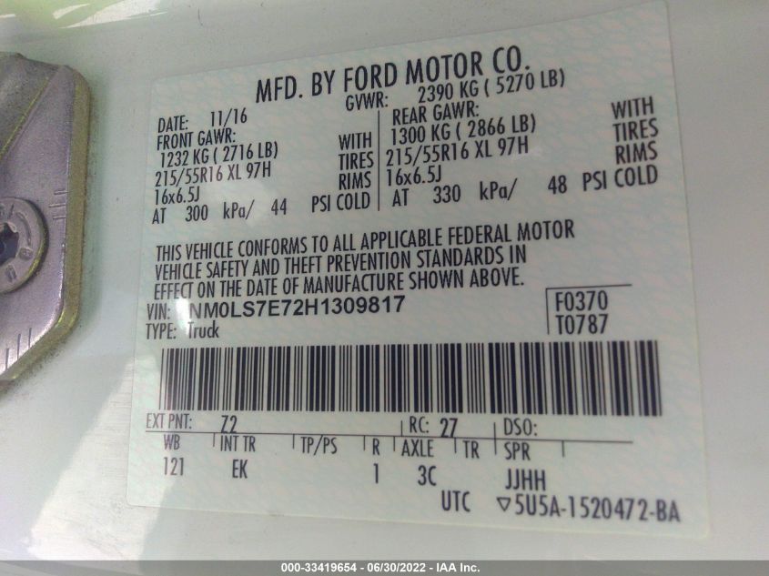 2017 FORD TRANSIT CONNECT VAN XL NM0LS7E72H1309817