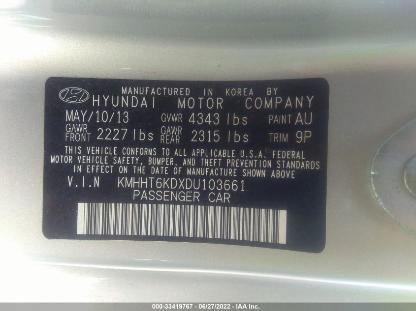 2013 HYUNDAI GENESIS COUPE 2.0T KMHHT6KDXDU103661
