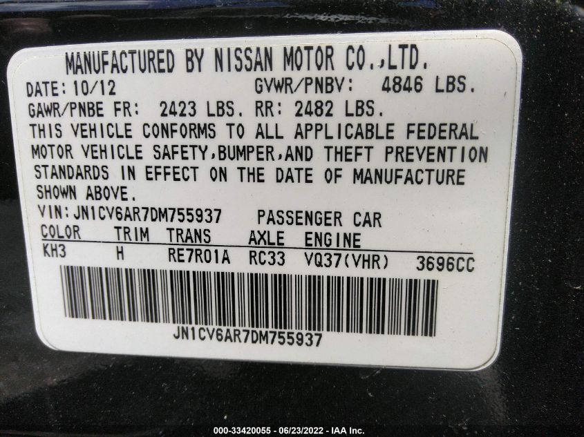 2013 INFINITI G37 SEDAN JN1CV6AR7DM755937