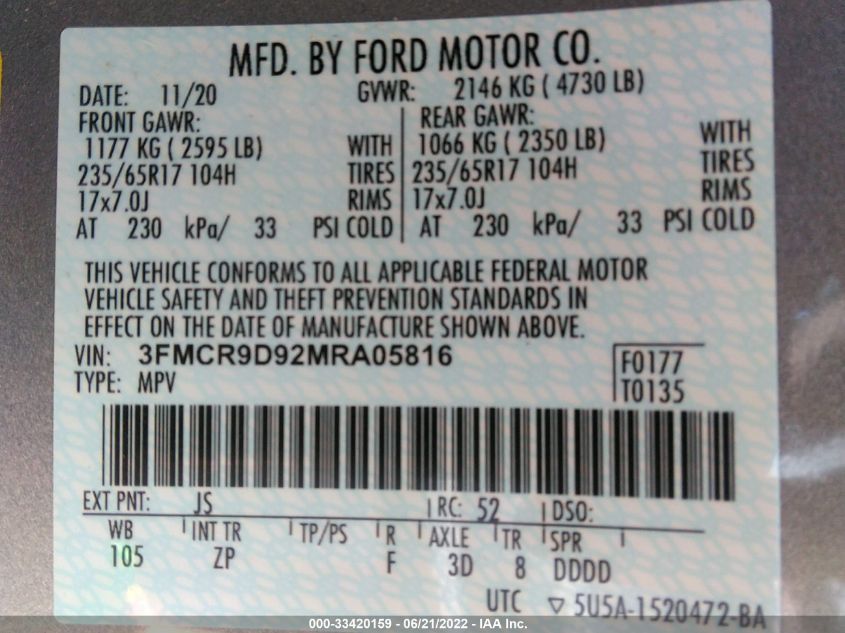2021 FORD BRONCO SPORT BADLANDS 3FMCR9D92MRA05816