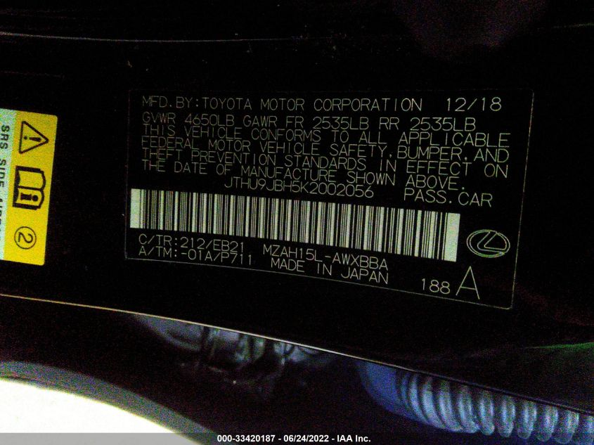 2019 LEXUS UX UX 250H JTHU9JBH5K2002056