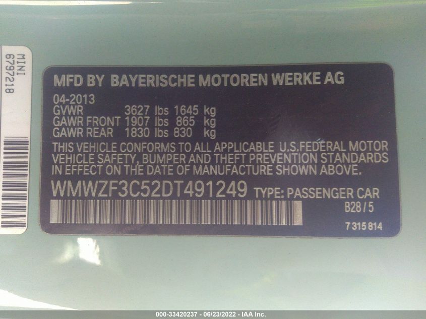 2013 MINI COOPER CLUBMAN WMWZF3C52DT491249