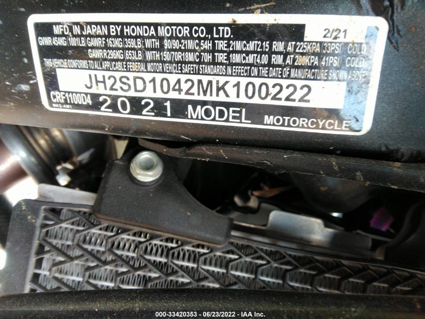 2021 HONDA CRF1100 D4 JH2SD1042MK100222