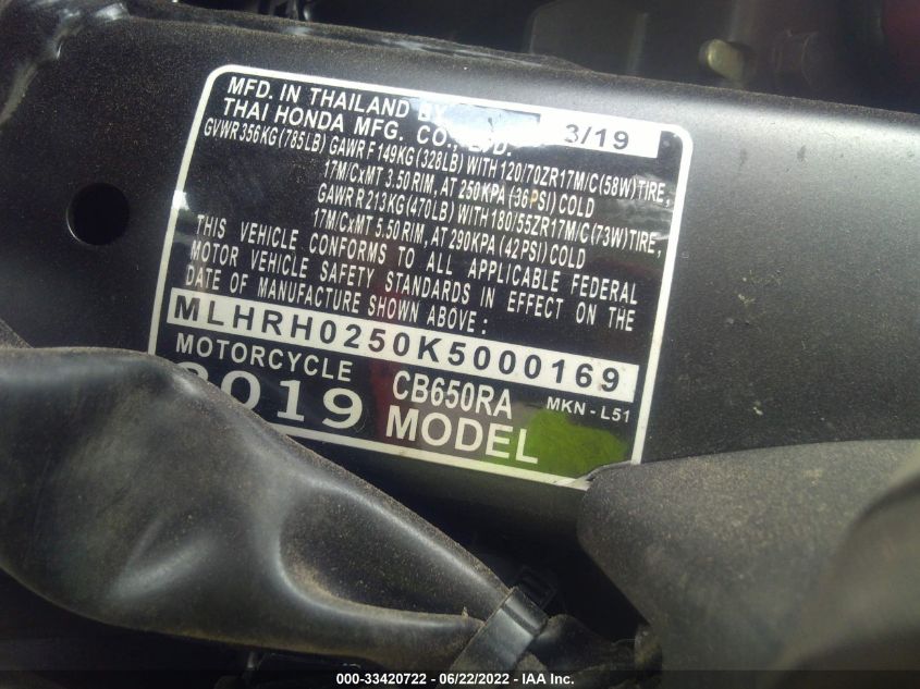 2019 HONDA CB650 RA MLHRH0250K5000169