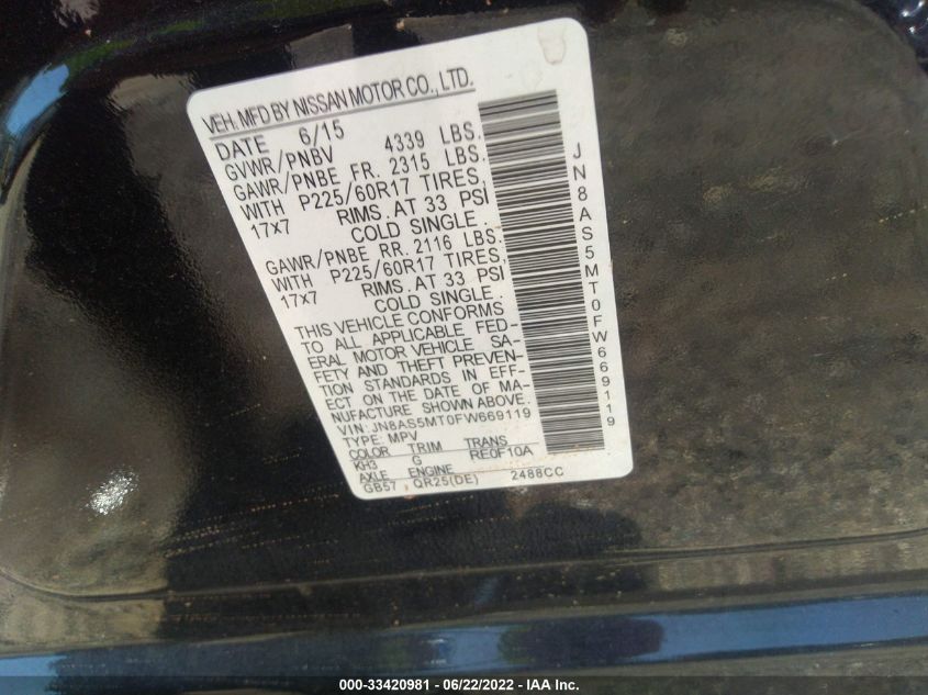 2015 NISSAN ROGUE SELECT S JN8AS5MT0FW669119