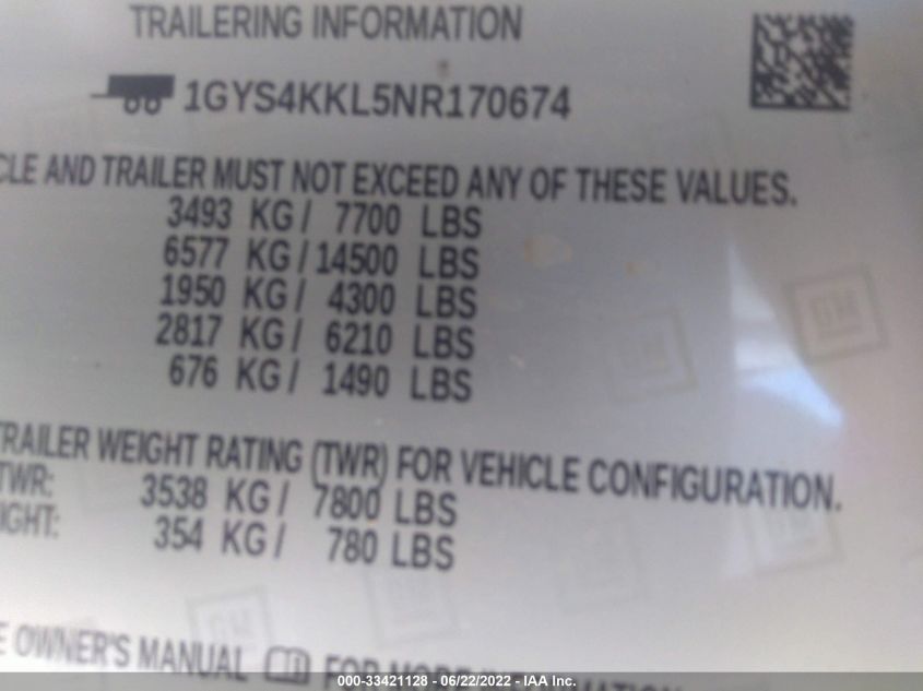 2022 CADILLAC ESCALADE ESV PREMIUM LUXURY 1GYS4KKL5NR170674