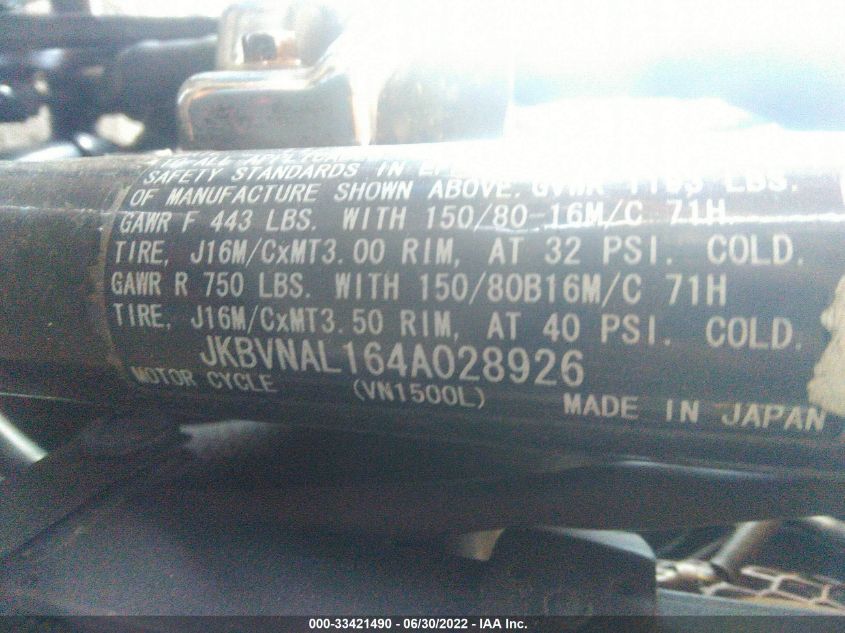 2004 KAWASAKI VN1500 L JKBVNAL164A028926
