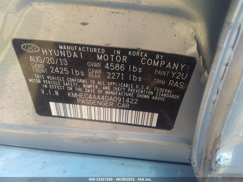 2013 HYUNDAI SONATA HYBRID LIMITED KMHEC4A44DA091422
