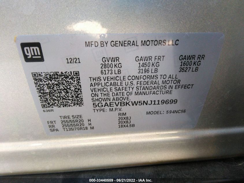 2022 BUICK ENCLAVE PREMIUM 5GAEVBKW5NJ119699